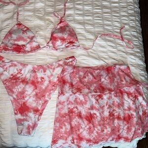 Pink SHEIN Tie-Dye Triangle Bikini Set with Skirt Cover-Up
